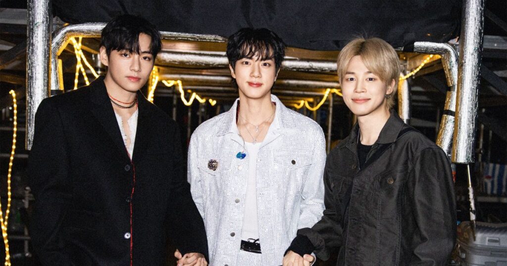 V, Jin e Jimin, do BTS (Divulgação)