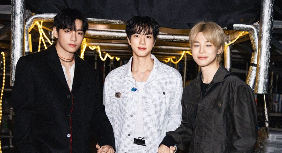 V, Jin e Jimin, do BTS (Divulgação)